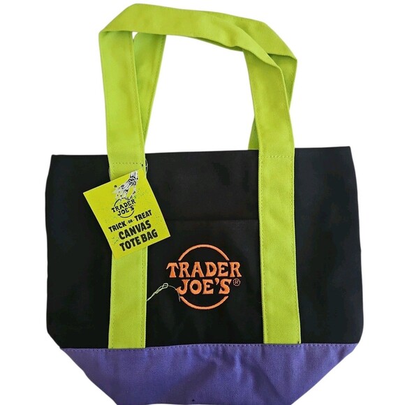 Trader Joes Mini Canvas Tote Bag 2 Piece Set Purple and Multi Color NWT - Picture 3 of 5